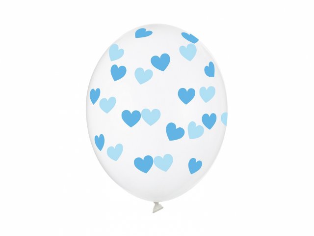 Latexový balónek křišťálově čirý / průhledný s potiskem, modrá srdíčka, velikost 30cm (zn. StrongBalloons)