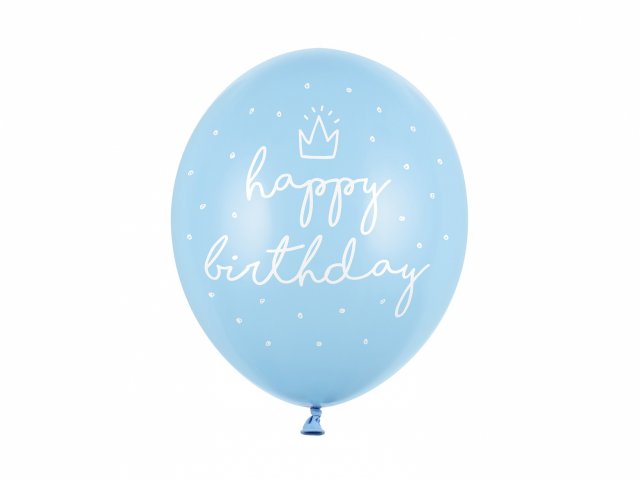 Latexový balónek Happy Birthday s korunkou, baby modrá, velikost 30cm (zn. StrongBalloons)