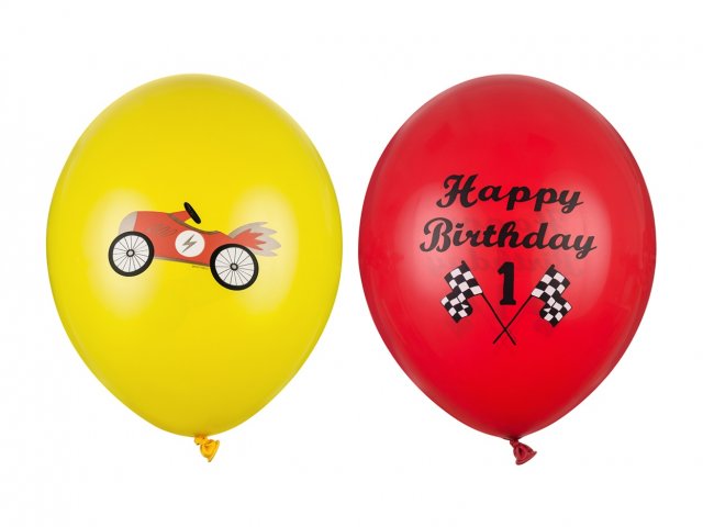 Latexový balónek 1. narozeniny Autíčka / ZÁVOD -  happy birhday, červené a žluté, velikost 30cm, mix 2 vzorů (zn. StrongBalloons)