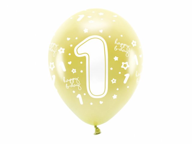 Latexové balónky - ČÍSLO 1 pro 1. narozeniny, metalické, žlutá / světle zlatá barva, velikost 33cm - set 6ks (zn. EcoBalloons)