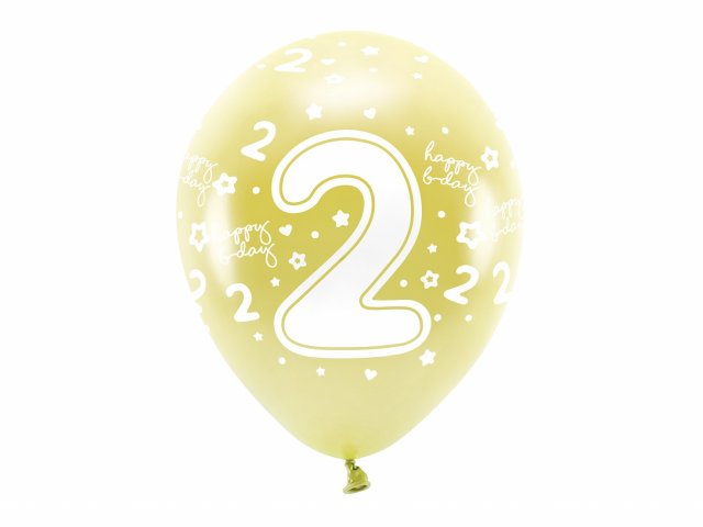 Latexové balónky - ČÍSLO 2 pro 2. narozeniny, metalické, žlutá / světle zlatá barva, velikost 33cm - set 6ks (zn. EcoBalloons)
