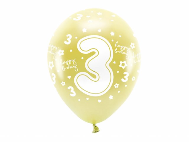Latexové balónky - ČÍSLO 3 pro 3. narozeniny, metalické, žlutá / světle zlatá barva, velikost 33cm - set 6ks (zn. EcoBalloons)