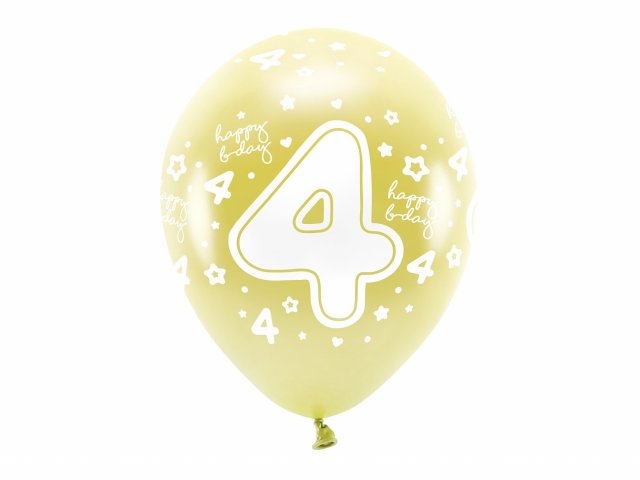 Latexové balónky - ČÍSLO 4 pro 4. narozeniny, metalické, žlutá / světle zlatá barva, velikost 33cm - set 6ks (zn. EcoBalloons)