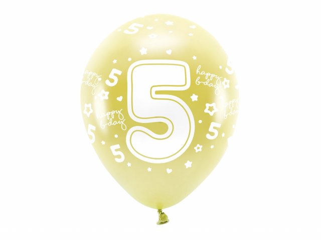 Latexové balónky - ČÍSLO 5 pro 5. narozeniny, metalické, žlutá / světle zlatá barva, velikost 33cm - set 6ks (zn. EcoBalloons)