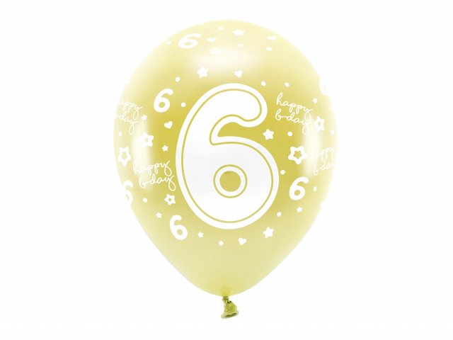 Latexové balónky - ČÍSLO 6 pro 6. narozeniny, metalické, žlutá / světle zlatá barva, velikost 33cm - set 6ks (zn. EcoBalloons)