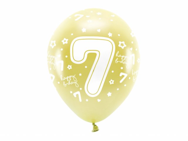 Latexové balónky - ČÍSLO 7 pro 7. narozeniny, metalické, žlutá / světle zlatá barva, velikost 33cm - set 6ks (zn. EcoBalloons)
