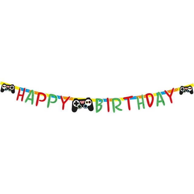 Papírová girlanda HERNÍ SVĚT / konzole - Happy birthday / všechno nejlepší, délka 2m (zn. GRABO)