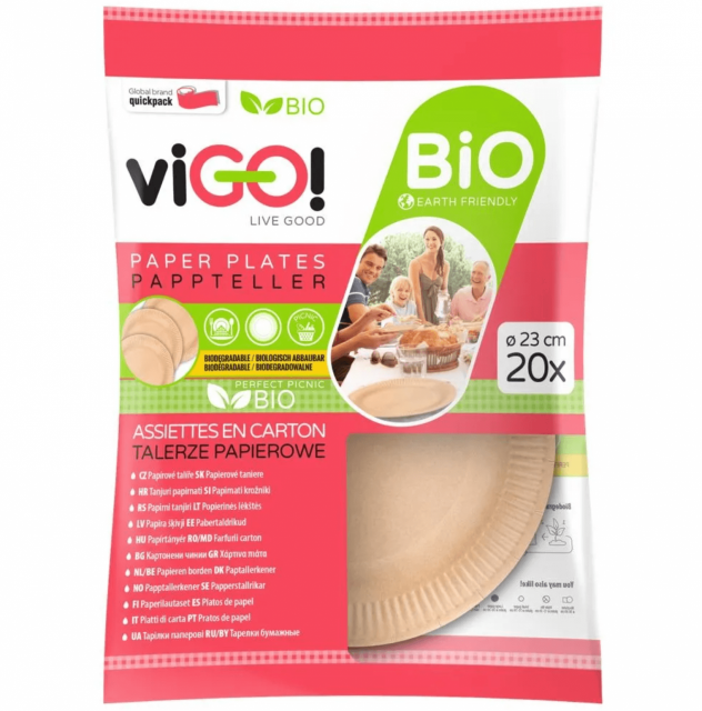 BIO papírové talířky hnědé, průměr 23cm - set 20ks (zn. viGO!)