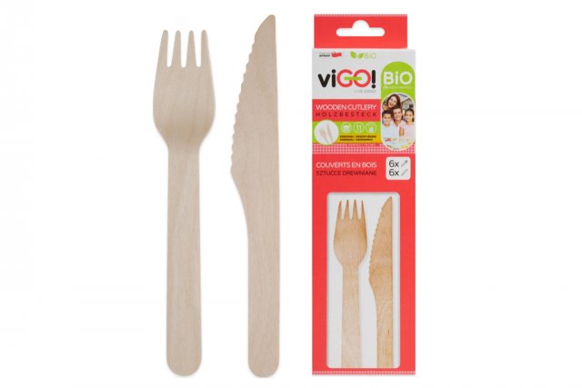 Set dřevěných BIO příborů - 6x vidlička + 6x nůž (zn. viGO!)
