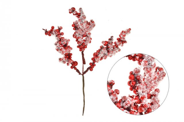 Umělé bobule k aranžování - červené, zasněžené, velikost 17cm (zn. FLORA)