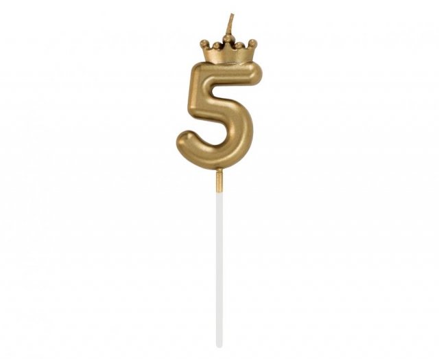 Svíčka na dort, ČÍSLICE 5, s korunkou - zlatá barva - velikost 6cm (zn. Godan)