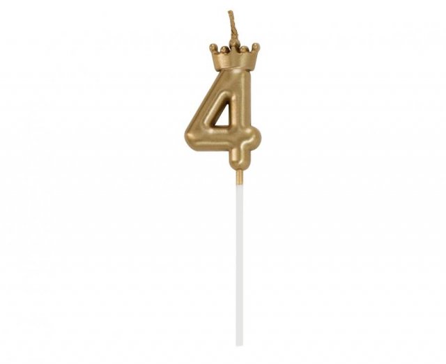 Svíčka na dort, ČÍSLICE 4, s korunkou - zlatá barva - velikost 6cm (zn. Godan)