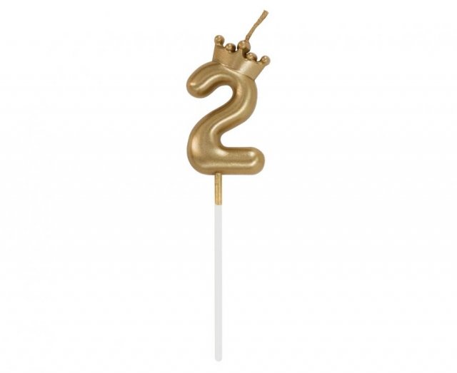 Svíčka na dort, ČÍSLICE 2, s korunkou - zlatá barva - velikost 6cm (zn. Godan)
