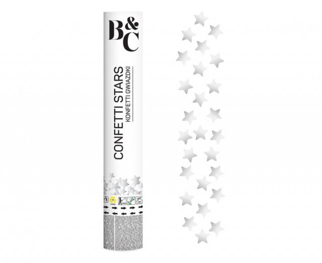 Vystřelovací konfety - stříbrné HVĚZDY, délka 30cm (zn. Godan)