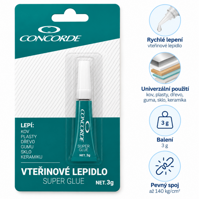 Vteřinové lepidlo CONCORDE, 3g, blistr