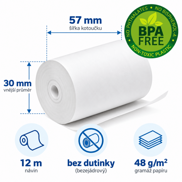Pokladní termo-kotouček (pokladní páska) BPA FREE 57/30/bez dutinky (12 m) E16ABC, P14A