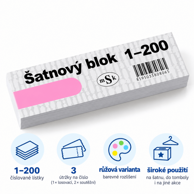 Šatnový blok / lístky do tomboly 1-200 čísel, 3 útržky od každého - růžová barva