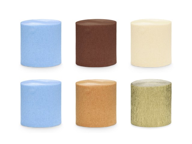 Sada krepových stuh – modro-hnědo-zlaté barvy, 5cm/10m - set 6ks (zn. PartyDeco)