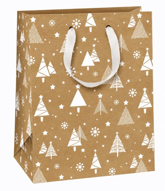 Vánoční dárková taška KRAFT stromečky - bílé ucho, rozměr 26.4x13.6x32.7cm (zn. Ditipo)