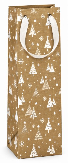 Vánoční dárková taška na láhev KRAFT stromečky - bílé ucho, rozměr 12.3x7.8x36.2cm (zn. Ditipo)