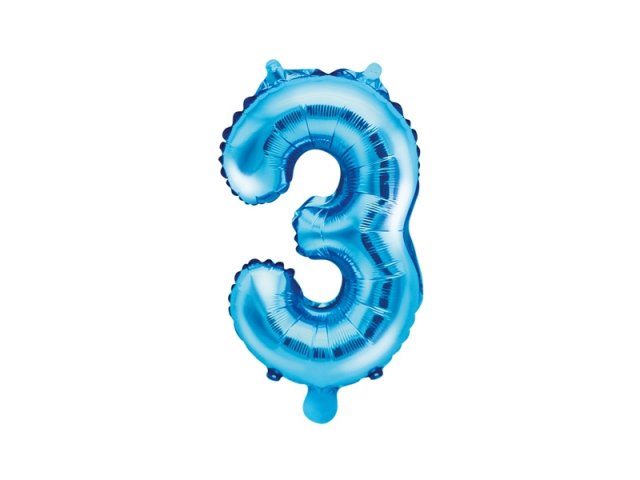 Fóliový balónek, velikost 35 cm, modrý, číslo 3 (zn. PartyDeco)