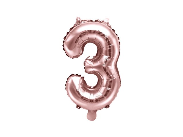 Fóliový balónek, velikost 35 cm, zlato růžový, číslo 3 (zn. PartyDeco)