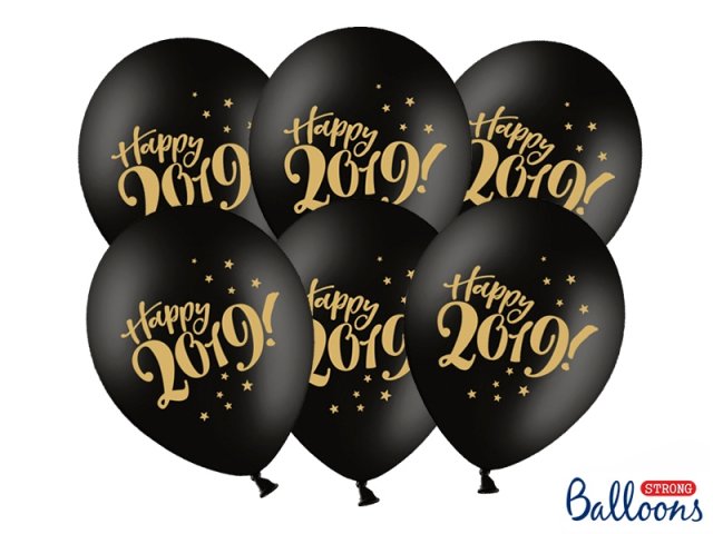 Balonek "Happy 2019!" černý se zlatým nápisem, 30 cm