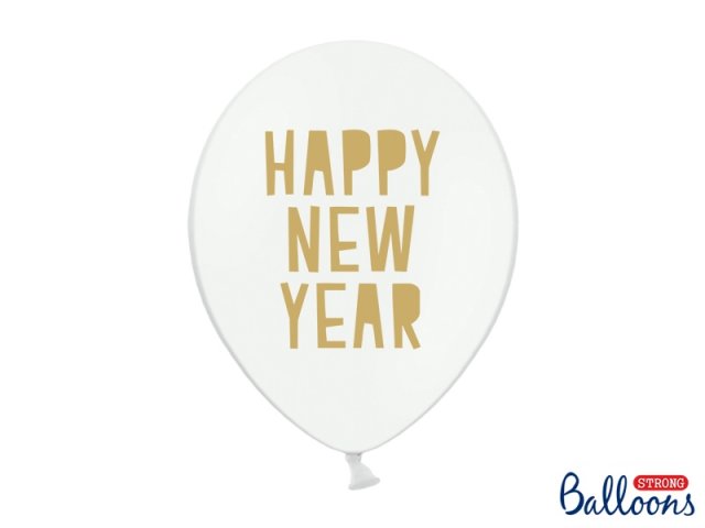Balonek "Happy New Year" bílý se zlatým nápisem, 30 cm - 1 ks