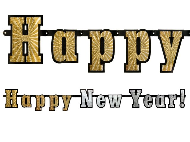 Holografický banner "Happy New Year" zlato-stříbrný