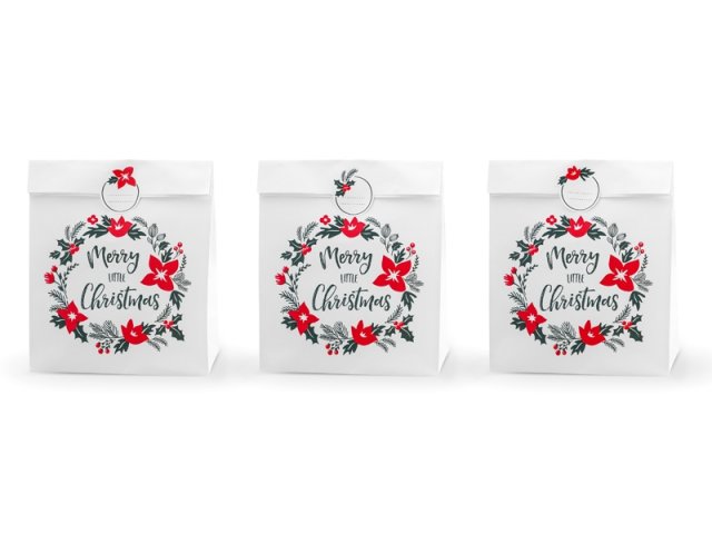 Dárková taška papírová "Merry little Christmas", bílá, set 3ks (zn. PartyDeco)