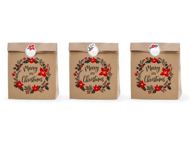 Dárková taška papírová "Merry little Christmas", přírodní, set 3ks (zn. PartyDeco)