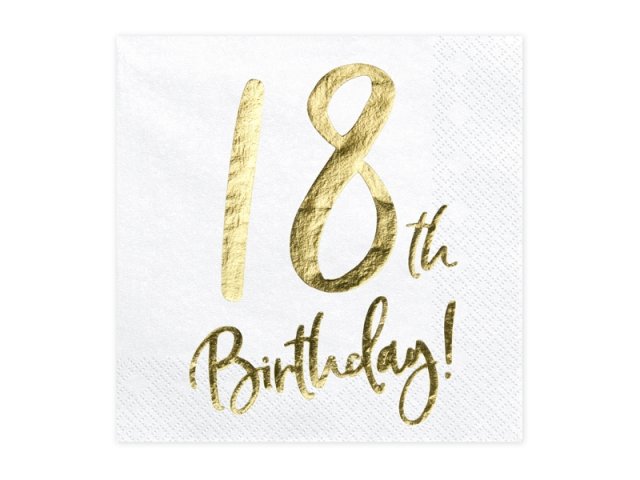 Ubrousky bílé se zlatým nápisem "18th birthday"