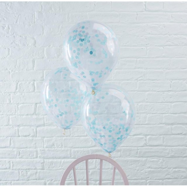 Průhledný balonek s modrými konfetami, 30 cm
