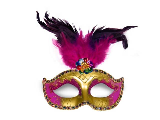 Party maska s peřím, zlatá a růžová