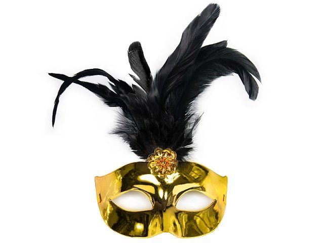 Party maska s peřím, zlatá (zn. PartyDeco)