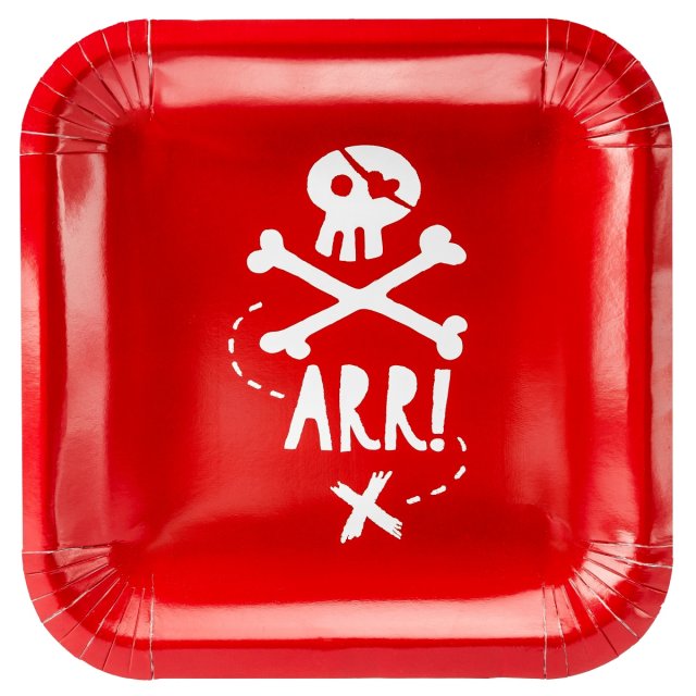 Papírové talířky PIRÁTI ARR! - červené, 20x20cm, set 6ks (zn. PartyDeco)