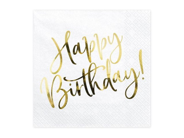 Ubrousky bílé se zlatým nápisem "Happy birthday"