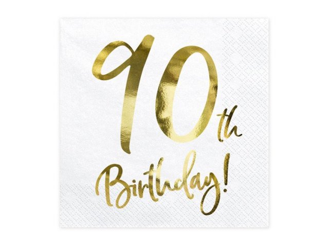 Ubrousky bílé se zlatým nápisem "90th birthday"
