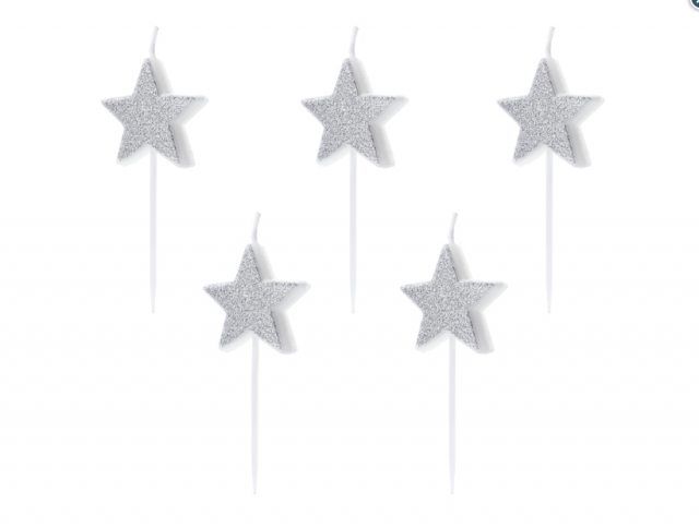 Narozeninové svíčky / zápichy Hvězdy, stříbrné, 3.5cm, set 5ks (zn. PartyDeco)