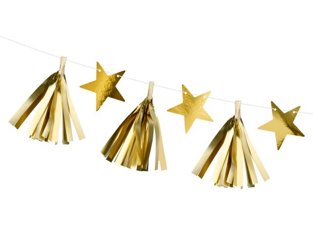 Papírová girlanda Hvězdy + střapce - zlatá barva, délka 1.3m (zn. PartyDeco)