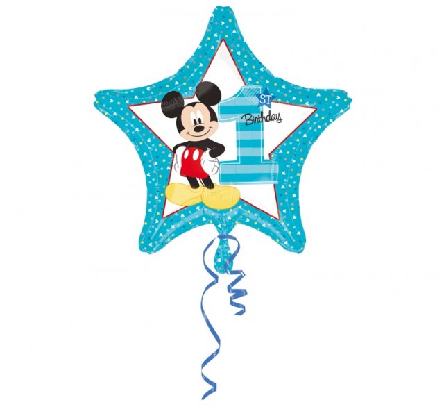 Foliový balónek Mickey Mouse - 1. narozeniny / 1st Birthday, modrá hvězda, 45cm (zn. Anagram)