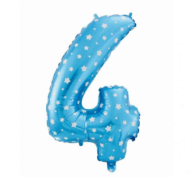 Foliový balón "4" modrý s hvězdami, 61cm