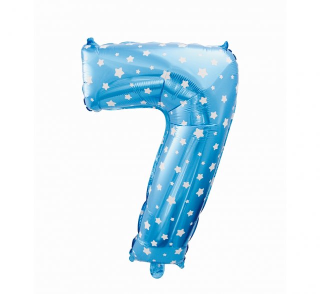 Foliový balón "7" modrý s hvězdami, 61cm