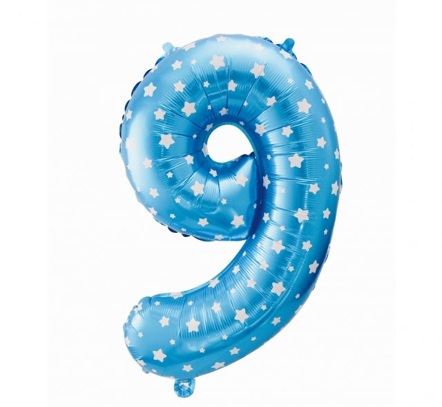 Foliový balón "9" modrý s hvězdami, 61cm