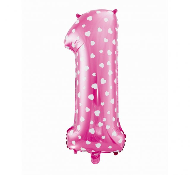 Foliový balón "1" růžový se srdíčky, 61cm