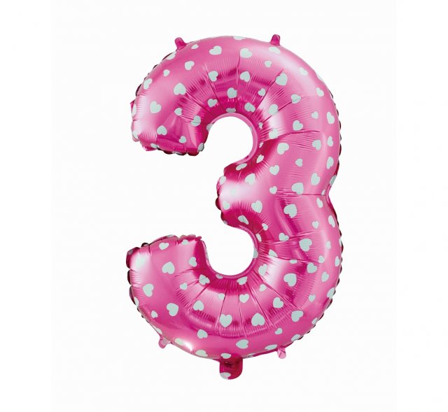 Foliový balón "3" růžový se srdíčky, 61cm
