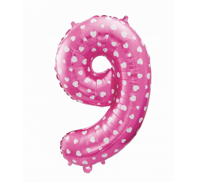 Foliový balón "9" růžový se srdíčky, 61cm
