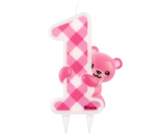Svíčka JUMBO - Růžový Teddy Medvídek, číslo 1 na první narozeniny holčičky (zn. Godan)