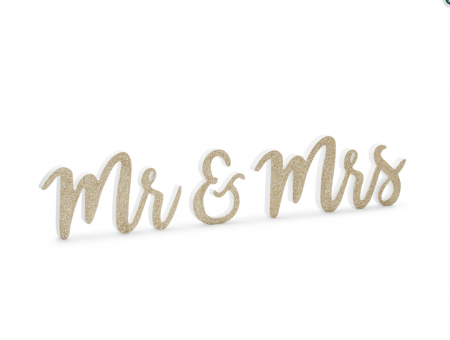 Svatební dřevěný nápis Mr & Mrs, zlatý glitrovaný (zn. PartyDeco)