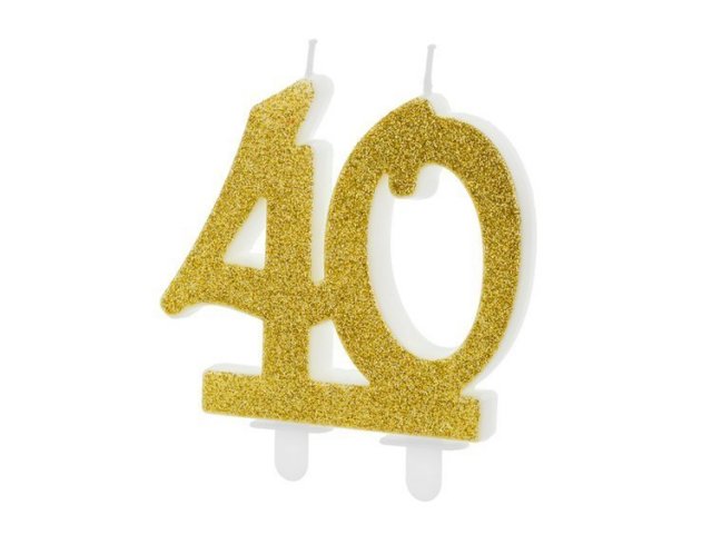 Dortová svíčka 40 pro 40. narozeniny, 8cm, zlatá barva s glitry (zn. PartyDeco)